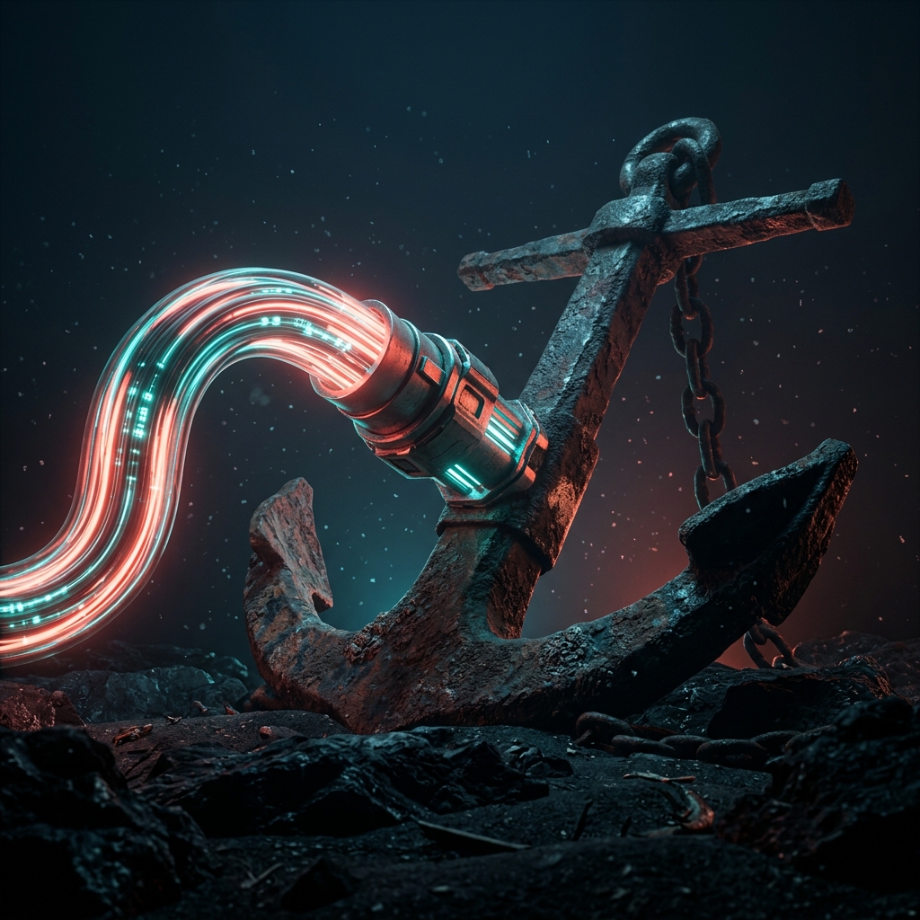 Cinematic 3D render of a glowing fiber-optic cable plugged into a heavy iron sea anchor, representing tech that slows you down over distance.