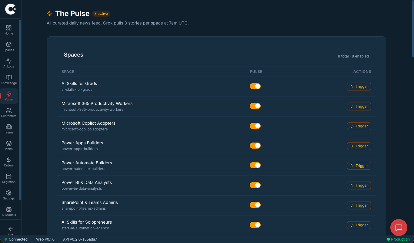 The Pulse autonomous intelligence gathering administration screen